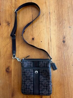 Coach Signature Stripe Crossbody Bag in Brown & Black Pebbled Monogram Leather